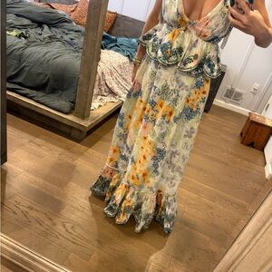 Agua Bendita Floral Peplum Maxi Dress in Yellow, Blue, Pink